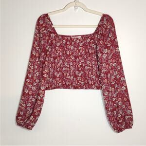 Pink Rose Floral Smocked Crop Top Long Sleeve Milkmaid Boho M Peasant